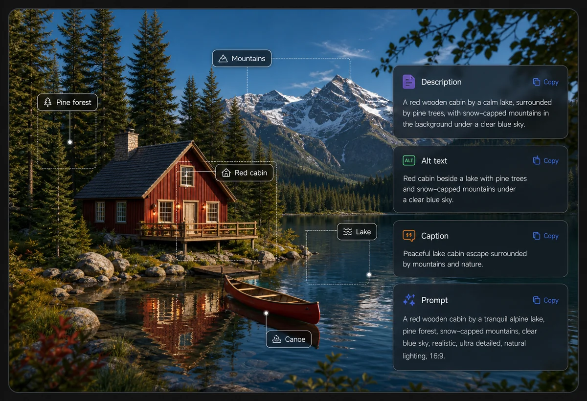 Image describer preview showing a cabin landscape with description, alt text, caption, and prompt overlays.