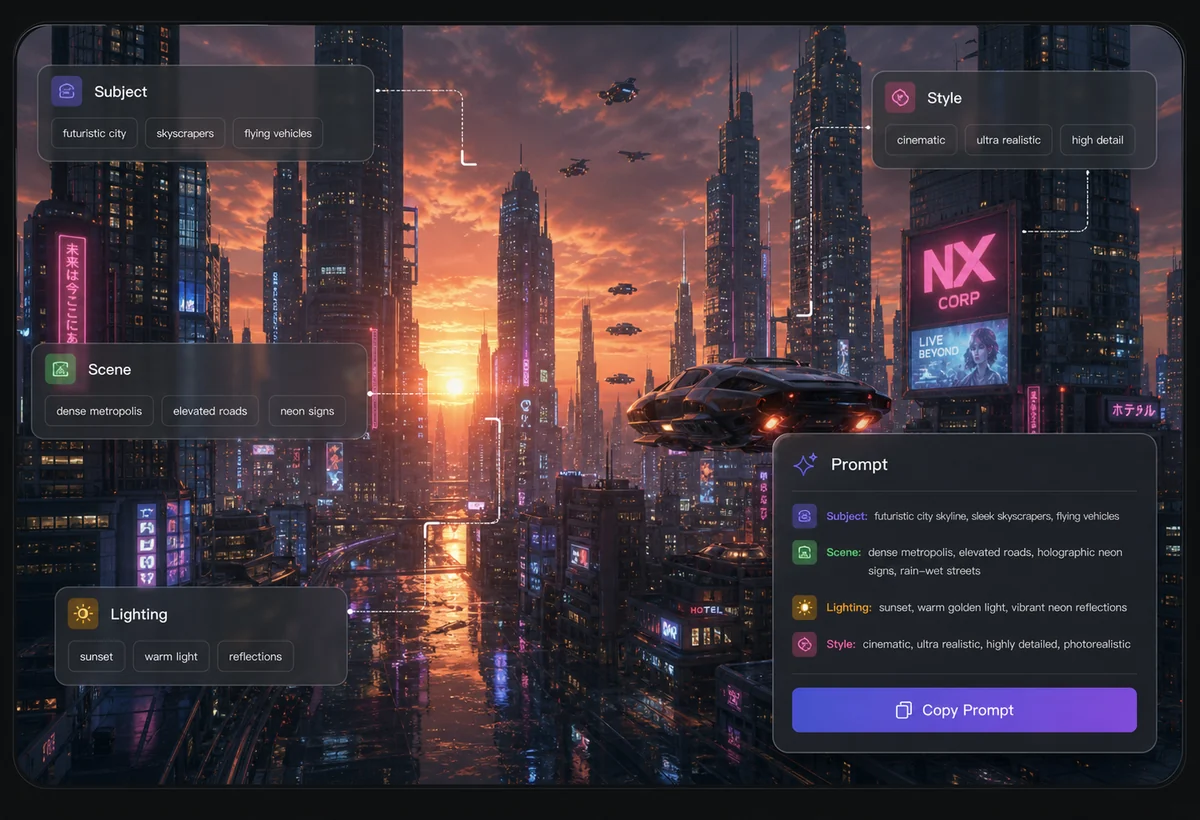 Image to prompt preview showing a futuristic city reference with subject, scene, lighting, style, and prompt overlays.