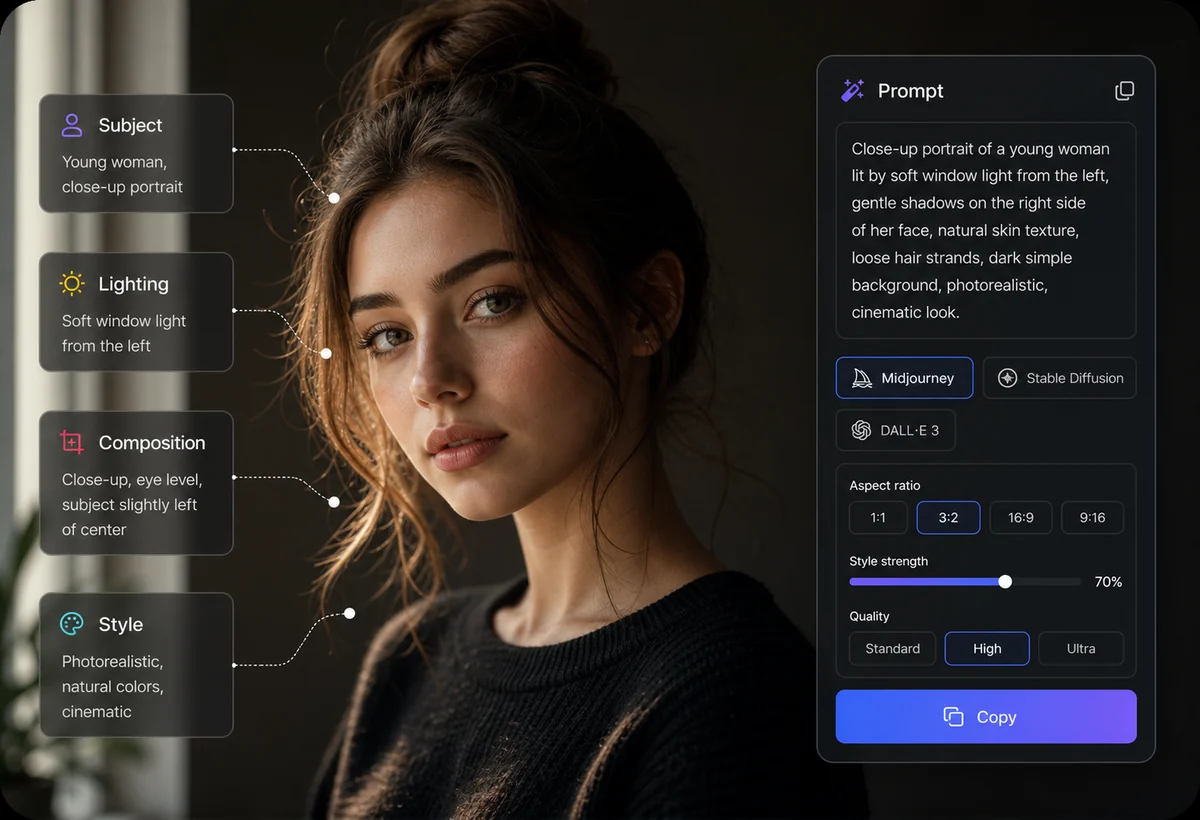 AI image prompt generator preview showing a portrait reference with subject, lighting, composition, style, and prompt overlays.